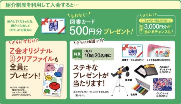 Z会の友人紹介で図書カードをゲット